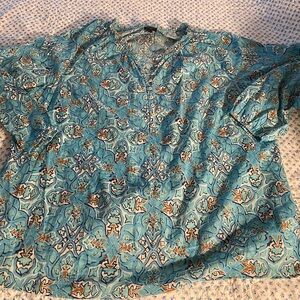 Gently Used 2X Talbots Blouse Blue White Brown 3/4 Sleeve Button Down